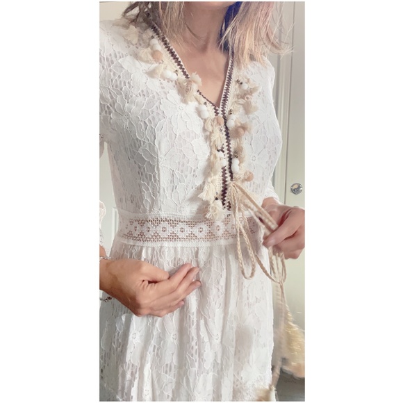 04 Floral Lace Tassel Pom Pom V neck maxi Dress - Picture 7 of 8